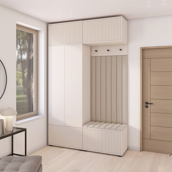 Garderoben-Set Ritmo version 2 – gefräste Kleiderschrank mit Polsterplatten, Schuhschrank, für Flur und Eingangsbereich (cashmere, Trinity 02), 225 x 40 x 140 cm, Beige