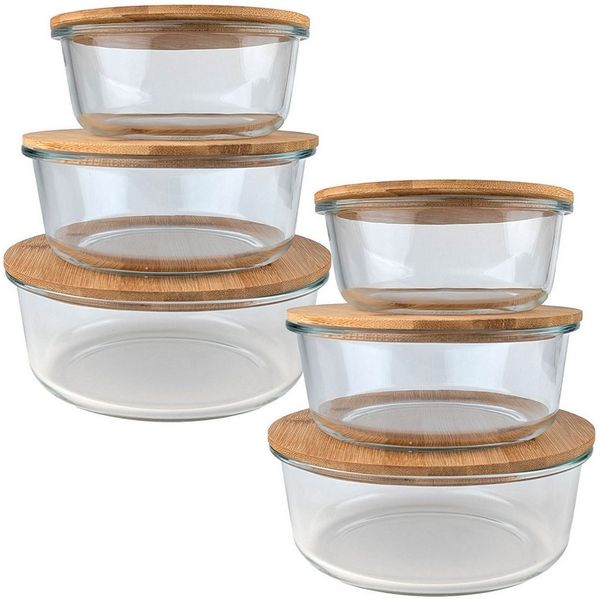 shop'n smile ideoon Vorratsdose Vorratsdosen Glas Rund Vorratsgläser Bambus Deckel 630/960/1400 ml, (6-tlg, 1er-Set von 3 St. & 2er-Set von 6 St), luftdicht dank Silikonring, in 3 Größen, Glas/Bambus, Transparent