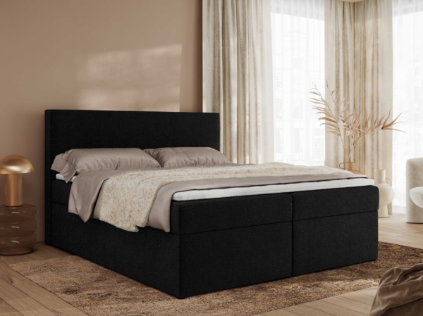 Boxspringbett mit Multipocket-Matratze und Topper, Doppelbett, Struktur dekostoff, Polsterbett mit Bettkästen - JAGUAR - 180 x 200 cm - Schwarz Struktur - H4
