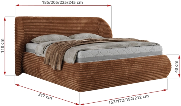 Polsterbett mit Lattenrost, Doppelbett Bettkasten, Bettgestell mit Gasdruckfeder Multipocket Matratze Härtegrad H3/H4 - CAELA CLASSIC - 200 x 200 cm - Orange Cord - ELORI LUX Bild 4