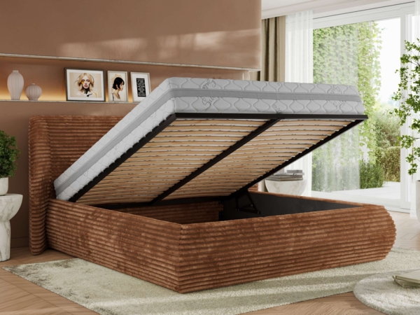 Polsterbett mit Lattenrost, Doppelbett Bettkasten, Bettgestell mit Gasdruckfeder Multipocket Matratze Härtegrad H3/H4 - CAELA CLASSIC - 200 x 200 cm - Orange Cord - ELORI LUX Bild 3