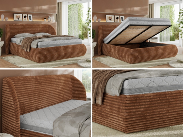 Polsterbett mit Lattenrost, Doppelbett Bettkasten, Bettgestell mit Gasdruckfeder Multipocket Matratze Härtegrad H3/H4 - CAELA CLASSIC - 200 x 200 cm - Orange Cord - ELORI LUX Bild 2