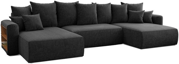 MEBLINI Schlafcouch mit Bettkasten - 350 x 160 x 78 cm - Schwarz Cordstoff - NAPLES - Ecksofa mit Schlaffunktion - Sofa mit Relaxfunktion und Kopfstützen - Couch U-Form - Eckcouch - Wohnlandschaft