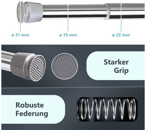 tinycurtains Klemmstange Teleskopstange 70-120 cm oder 111-200 cm Vorhangstange ohne Bohren, Ø 0.22 mm, 1-läufig, ausziehbar, klemmbar, Duschvorhangstange, Badstange, Gardinenstange, Metall, Klemmstange, stufenlos verstellbar, rostfrei, Stange für Türv...