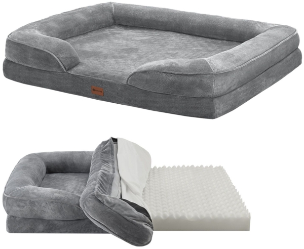 Juskys Hundebett Sheena XL orthopädisch, waschbar & rutschfest – 105 x 82 x 17 cm – Hundesofa flauschig große Hunde Grau – Haustierbett Hundesofa