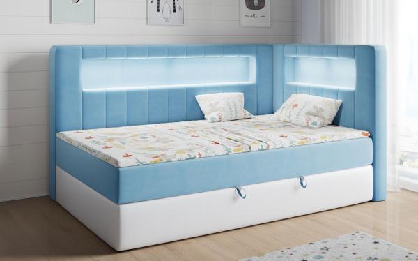 Boxspringbett mit LED, Einzelbett mit Bettkasten und Topper - JUNIOR GOLD 3 - 90x200 cm - Blau und Weiß - Rechte Seite