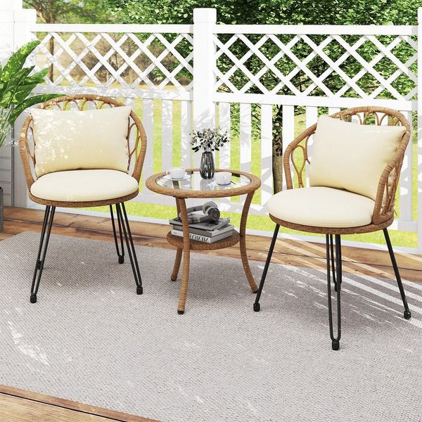 COSTWAY Balkonset, (3-tlg), Gartenmöbel, Rattan Bistro-Set mit Kissen, Tisch