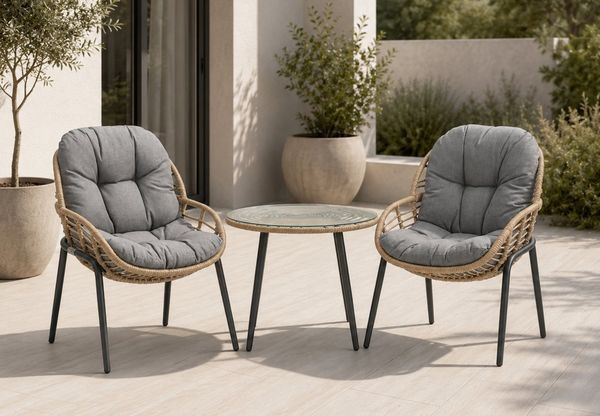 Home Collective Gartenlounge-Set Balkonmöbel Lounge Möbel Outdoor Sitzgruppe mit Beistelltisch, (3-teiliges Set mit 2 Stühlen und 1 Beistelltisch Ø 56 cm, inkl. abziehbarer Kissen)