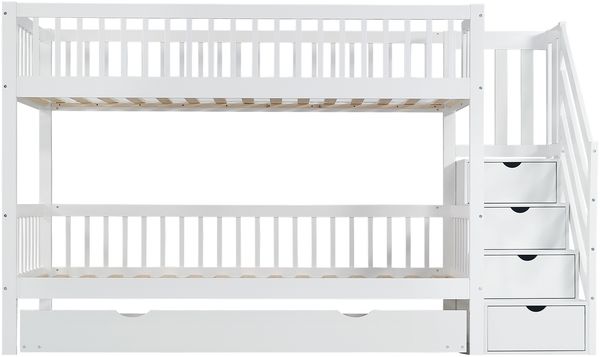 Etagenbett mit Rollbett 90x200 cm aus Kiefer und MDF, mit Leiterschrank, Handlauf und vierseitigem Rausfallschutz, Weiß Bild 6