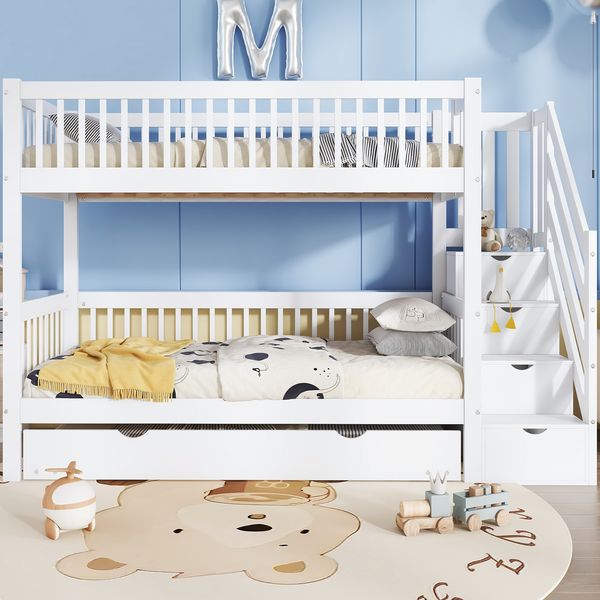 Etagenbett mit Rollbett 90x200 cm aus Kiefer und MDF, mit Leiterschrank, Handlauf und vierseitigem Rausfallschutz, Weiß