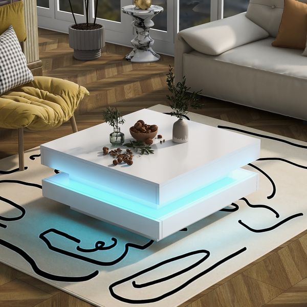Couchtisch 70x70x36 cm, Hochglanz Weiß, Spanplatte mit Bluetooth-LED (App‑gesteuert, USB)
