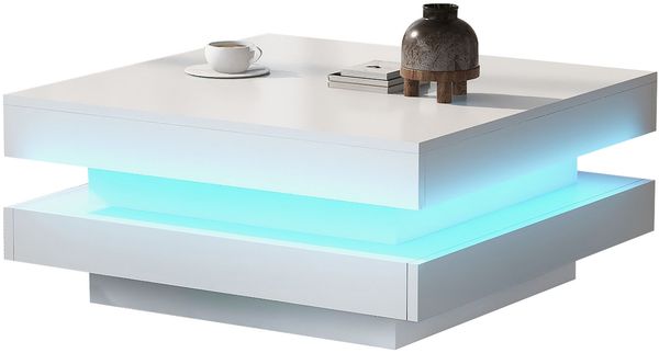 Couchtisch 70x70x36 cm, Hochglanz Weiß, Spanplatte mit Bluetooth-LED (App‑gesteuert, USB) Bild 9
