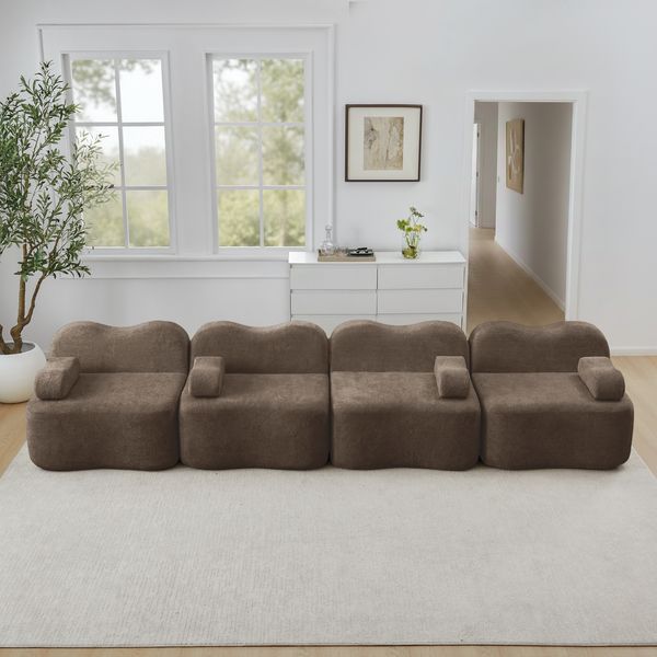 Ecksofa Braun aus Samt, modular mit tiefer Sitzfläche, Wellenform und Hocker,70 x 384 x 98 cm