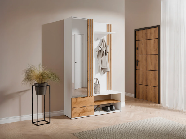Vente-unique - Garderobe mit Spiegel und Stauraum - Weiß & Natur - JANAKIA