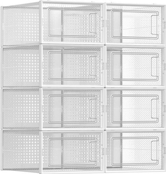 Songmics Schuhboxen, 8er Set, Schuh-Organizer aus Kunststoff, faltbar und stapelbar, für Schuhe bis Größe 44, transparent-weiß LSP08SWT