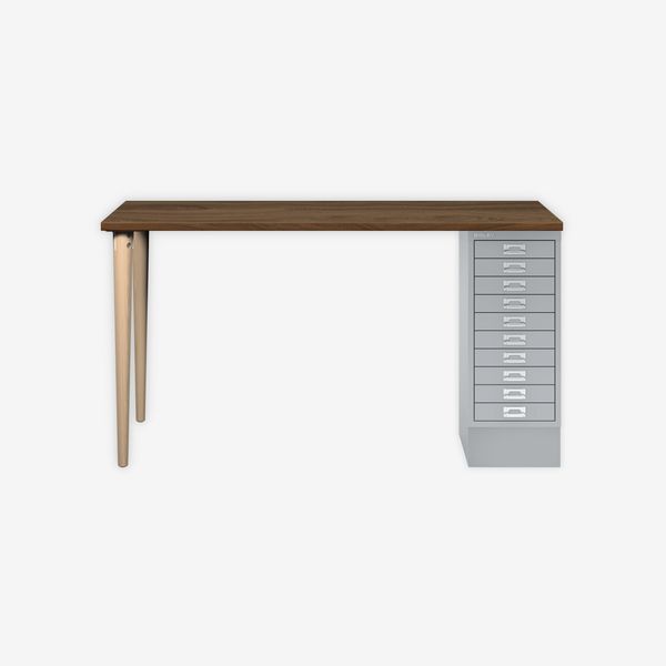 MultiDesk, 2 Eichenfüße, 1 MultiDrawer mit 10 Schüben, Dekor Nussbaum, Farbe Silber, Maße: H 740 x B 1400 x T 600 mm