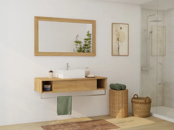 Vente-unique - KUPANG Waschbeckenmöbel Holz, Platte Beige - B 50 cm x H 32 cm x L 120 cm