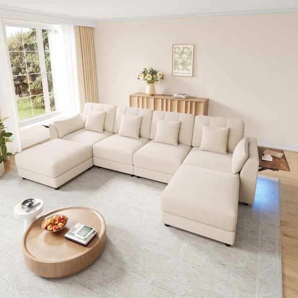 Merax Modulares U‑/L‑förmiges Eck‑/Kombinationssofa mit 2 beweglichen Hockern, LED‑Beleuchtung und klappbarem Armlehnen‑Beistelltisch, inklusive 6 Kissen, Chenille‑Bezug, Beige