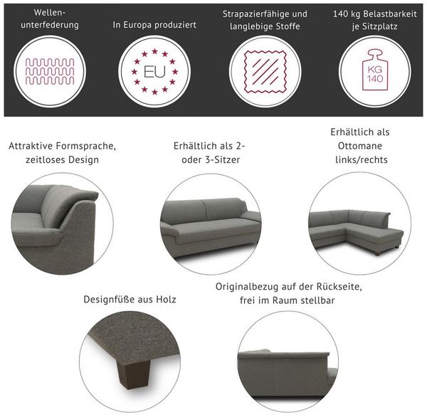 Home affaire Ecksofa Yesterday L-Form, B/T: 254/186 cm, belastbar bis 140kg/ Sitz, Microfaser, natur