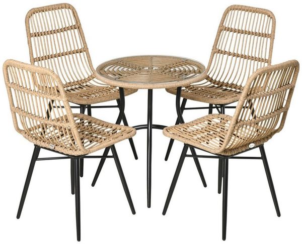 Outsunny Sitzgruppe Polyrattan Esstisch mit 4 Stühlen Gartensitzgruppe mit Beistelltisch, (Essgruppe, 5-tlg, Gartenmöbel Set), Gartenset Outdoor Metall Natur