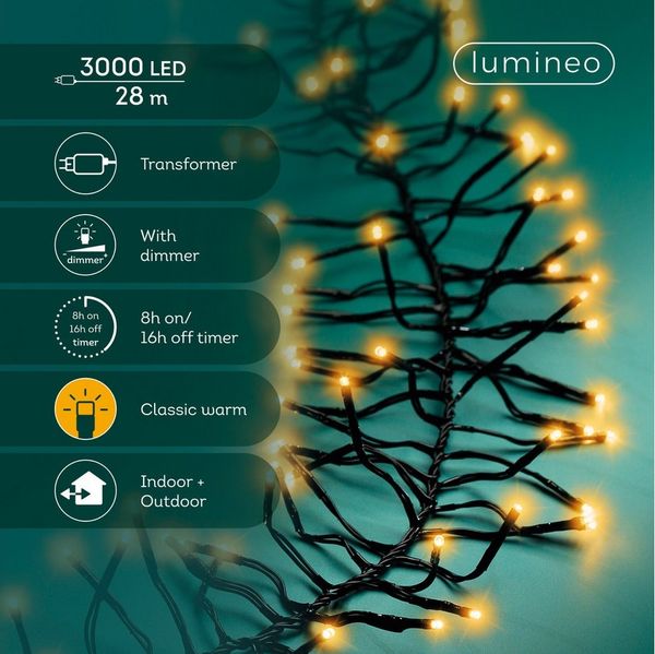 Lumineo LED-Lichterkette Lumineo Lichterkette CLUSTER 3000 LED 28 m klassisch warm, schwarz, Indoor/Outdoor, dimmbar, 8h-Timer, + 5 m Zuleitung