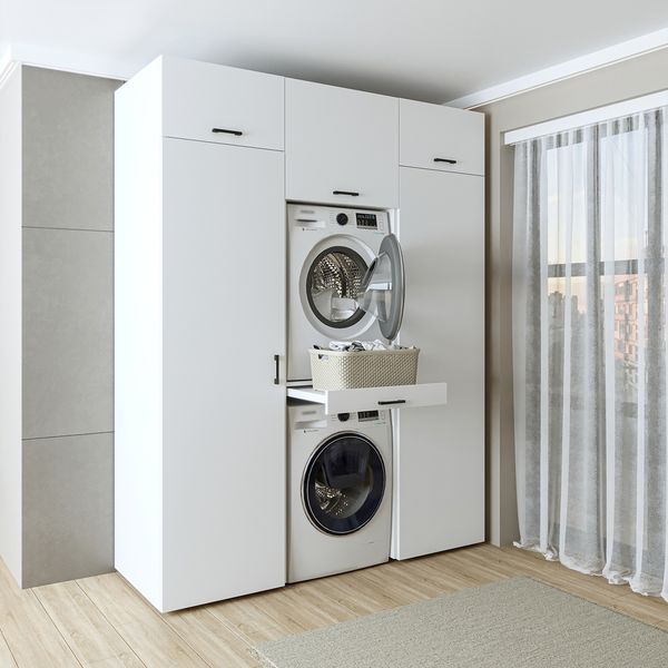 Roomart Schrankwand Waschküche – SERIE DUO-I- 187 cm breit, Trockner auf Waschmaschine (Waschturm) – 187 cm breit – Waschmaschinenschrank mit Stauraum • Weiß