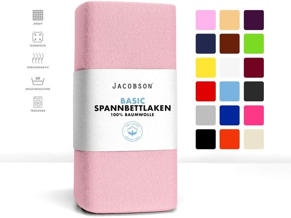 Jacobson Jersey Spannbettlaken Spannbetttuch Baumwolle Bettlaken (Topper 180-200x200 cm, Rosa)
