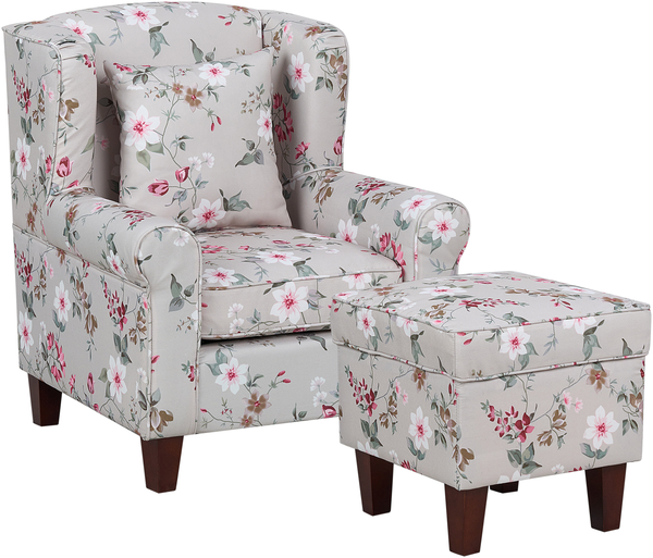 Sessel Polsterbezug beige Blumenmuster plus Hocker HAMAR