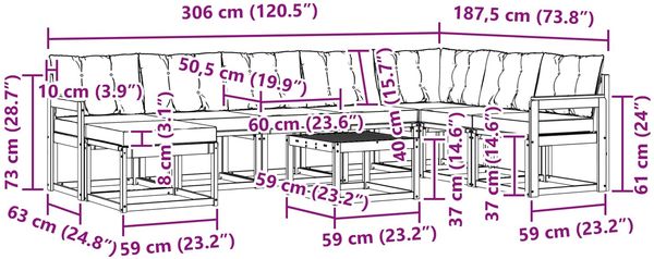 vidaXL Outdoor-Sofagarnitur mit Kissen 9 pcs Natürlich und Hellgrau 3368970 Bild 12