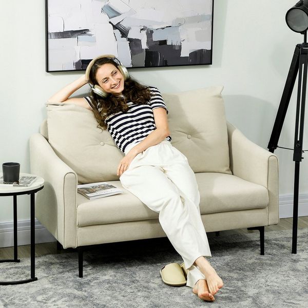 HOMCOM 2-Sitzer Polstersofa mit Armlehne, Samtoptik, Couch 1 Teile, für Wohnzimmer, Schlafzimmer, Metallrahmen, Cremeweiß
