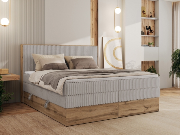 Boxspringbett, Set mit zwei Multipocket-Matratze und Topper, hohe Kopfteil, Eiche Wotan Holzrahmen - WOOD CLASSIC KING - 180 x 200 cm - Hellgrau Cord - H3