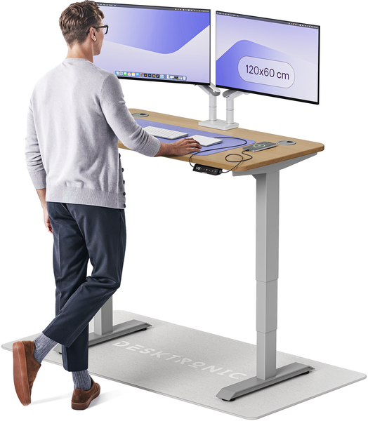 Desktronic HomePro Elektrisch höhenverstellbarer Schreibtisch 120x60cm Massive Eiche/Grau mit Memory-Funktion, Anti-Kollisions Technologie, USB-A und USB-C-Ladeanschlüssen