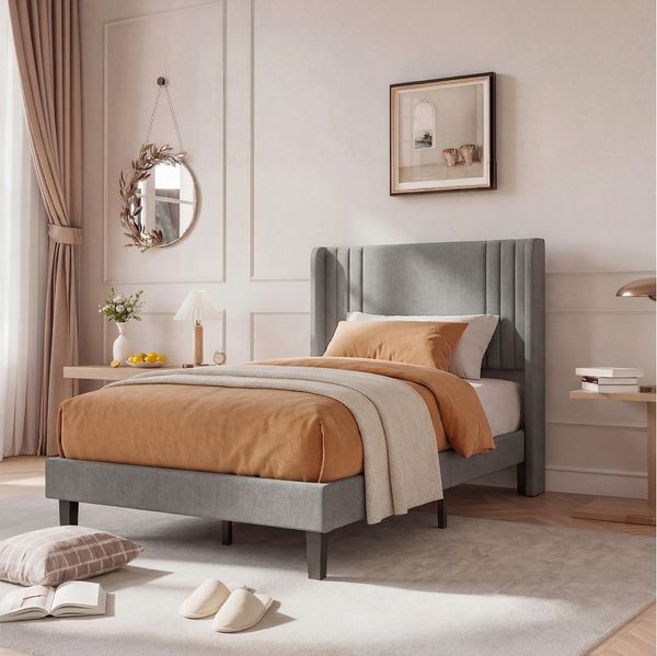 PXloue Polsterbett 90x200 cm, Doppelbett 140x200, 160x200, In 3 Größen verfügbar, Leinen Polsterbett, mit Lattenrost, hohem Kopfteil, 90x200 cm
