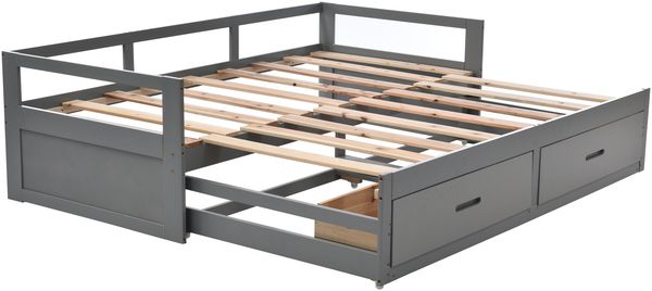 Merax Ausziehbares Schlafsofa 90/180*200 cm mit Schubladen und Lattenrosten, Kiefernbett mit Stauraum, Grau Bild 2