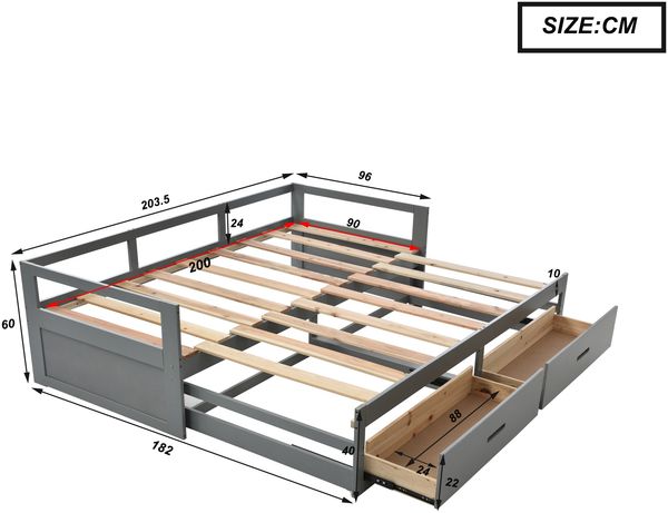 Merax Ausziehbares Schlafsofa 90/180*200 cm mit Schubladen und Lattenrosten, Kiefernbett mit Stauraum, Grau Bild 5