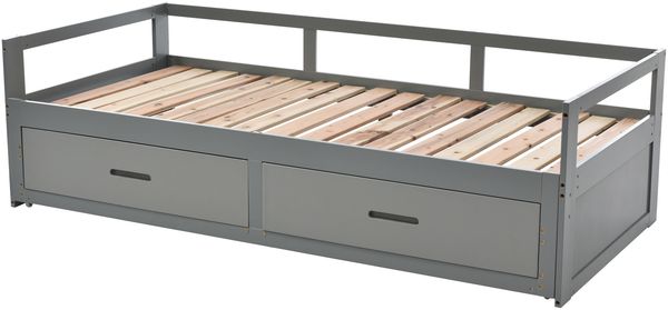 Merax Ausziehbares Schlafsofa 90/180*200 cm mit Schubladen und Lattenrosten, Kiefernbett mit Stauraum, Grau Bild 10