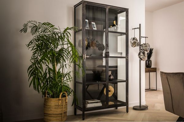 KAWOLA Highboard ARLES Vitrine Metall schwarz 2 Türen 190 x 40 x 90 cm