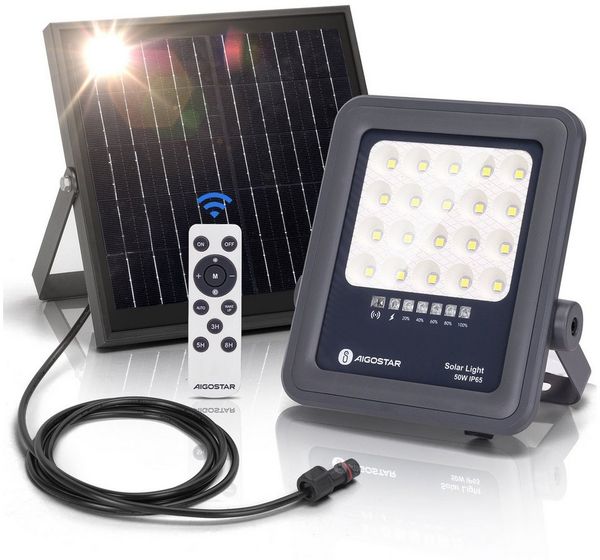 Aigostar Flutlichtstrahler Solarstrahler mit Fernbedienung,6500K,IP65 Außenstrahler,2m Kabellänge, LED fest integriert, Tageslichtweiß