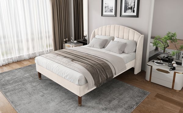 Polsterbett 160x200 cm aus Samt mit gepolstertem Kopfteil und Lattenrost, Beige,Matratzen enthalten