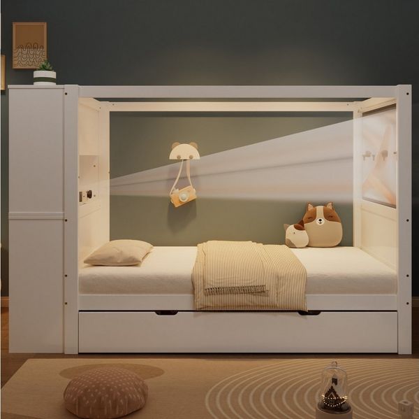 STILVORA Kinderbett 90x200 mit 5 Schubladen,Jugendbett mit Stauraum,Bettgestell mit Gitter (mit Stauraum, Kiefernholz & MDF, 5 Schubladen und Fallschutz, Kinderbett mit Schreibtisch, 90x200 cm, für Kinderzimmer & Jugendzimmer), ohne Matratze