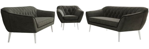 Wohnzimmerset, Möbelset PIRS 3-3-1, Armlehnen, Wellenfederung, weiße Füße, Dreisitzer Sofas mit Sessel, Polstermöbel Set - Dunkelgrau Velvet Bild 6