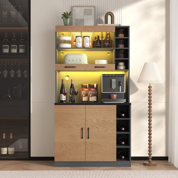 100x47x187cm, Küchenschrank, Buffet mit LED-Ambiente-Beleuchtung und Kabellöchern, Küchen-Highboard aus Holz, großer Platz für Mikrowelle, freistehend, höhenverstellbare seitliche Ablagefächer