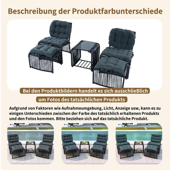 Celya Gartenlounge-Set 5-teiliges Outdoor Gartenmöbel Set mit Tisch und 2 Stühlen, (Balkonmöbel Loungeset, für Terrasse, Garten und Balkon, wetterfest & komf), inkl. 2 Hocker, Eisenrahmen & PE-Rattan, mit Kissen und Glasplatte Bild 3