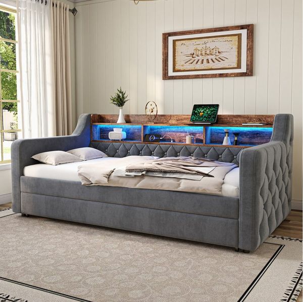 MODFU Schlafsofa Samt-Polsterbett mit integriertem Ausziehbett, mit LED-Beleuchtung und USB-C-Anschluss, Funktionsbett 90x190/90x190 cm, ohne Matratze