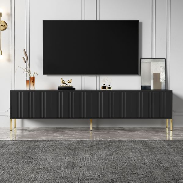 TV-Schrank 190 x 38 x 48 cm in Schwarz mit 4 Türen, 8 Regalböden und goldfarbenen Beinen