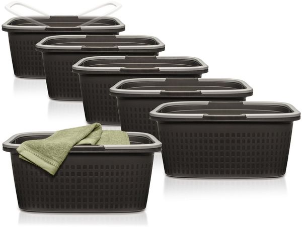 Hausfelder Wäschekorb Wäschewanne 58 x 37 x 25 cm (Anthrazit-Schwarz, 6 Wannen, 35 l) (Set, 6 St, 6 x Wäschewanne), mit klappbaren Henkeln, mit Griffen, 35 Liter