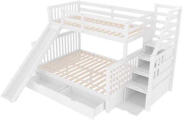 Etagenbett 90x200/140x200 cm mit Schubladen, Stauraum, Rutsche und Handläufen in Antique White Bild 8