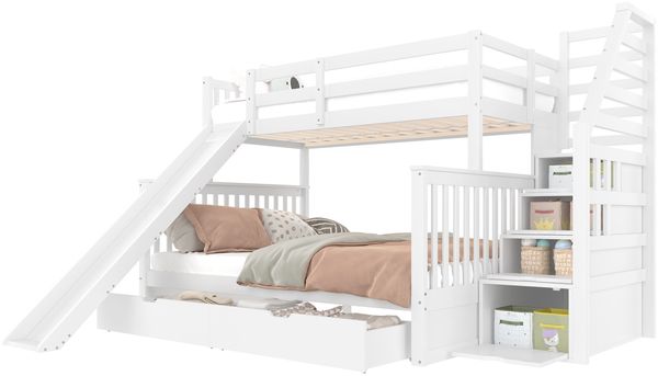 Etagenbett 90x200/140x200 cm mit Schubladen, Stauraum, Rutsche und Handläufen in Antique White Bild 7