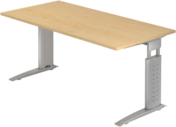 bümö höhenverstellbarer Schreibtisch U-Serie 160x80 cm in Ahorn, Gestell in Silber - PC Tisch für's Büro manuell höhenverstellbar, Computertisch verstellbar, US-16-3-S