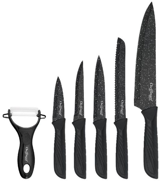 6-teiliges Messer-Set mit Schäler in Schwarz - kompakt, scharf & stilvoll